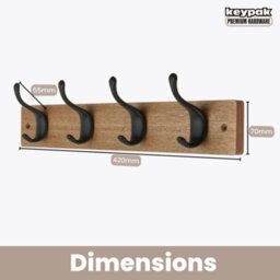 Keypak 4 Matte Black Coat Hooks On Ash Effect Wooden Board - 42Cm Modern Wall Mounted Coat Rack Clothes Hanger - thumbnail 3