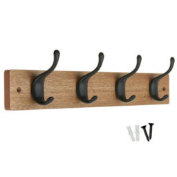 Keypak 4 Matte Black Coat Hooks On Ash Effect Wooden Board - 42Cm Modern Wall Mounted Coat Rack Clothes Hanger