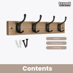 Keypak 4 Matte Black Coat Hooks On Ash Effect Wooden Board - 42Cm Modern Wall Mounted Coat Rack Clothes Hanger - thumbnail 4