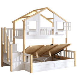 Merax 3Ft/4Ft6 Children's Bunk Bed 90X190 + 135X190 Cm, Wooden Loft Bed With Led, Storage Stairs, Hydraulic Storage, White - thumbnail 7