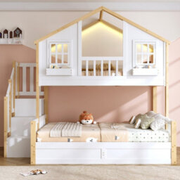 Merax 3Ft/4Ft6 Children's Bunk Bed 90X190 + 135X190 Cm, Wooden Loft Bed With Led, Storage Stairs, Hydraulic Storage, White - thumbnail 2