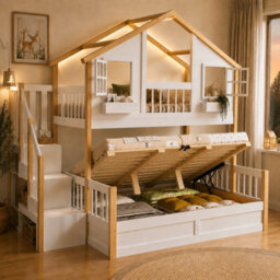 Merax 3Ft/4Ft6 Children's Bunk Bed 90X190 + 135X190 Cm, Wooden Loft Bed With Led, Storage Stairs, Hydraulic Storage, White - thumbnail 3