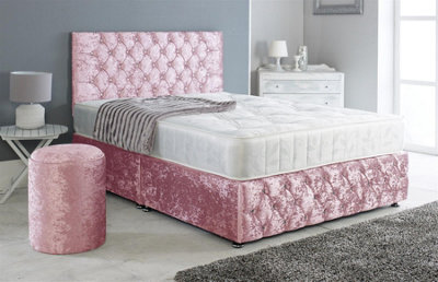 Adore Designs Adore Living Chesterfield Crushed Velvet Divan Bed With Orthopaedic Mattress And Round Stool In Pink