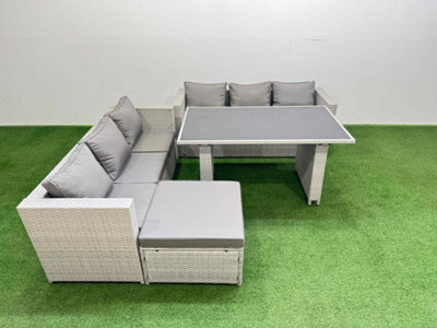 Fimous Rattan Garden Furniture Dining Set 7-Seater Patio Rectangular Table Sofa Set With Big Stool Light Grey - image 1