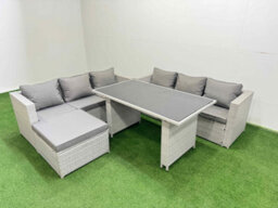 Fimous Rattan Garden Furniture Dining Set 7-Seater Patio Rectangular Table Sofa Set With Big Stool Light Grey - thumbnail 2