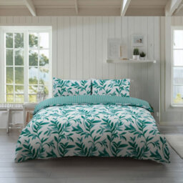 Duvet Cover And Pillowcase Set Reversible Leaf And Stripe Design Polycotton Bed Linen Teal
