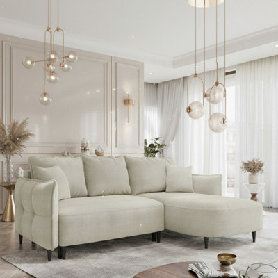 Sycylia Modern Corner Sofa Bed With Sleeping Function Pine Wood Frame Chipboard Structure 244X165Cm Cream Right - image 1