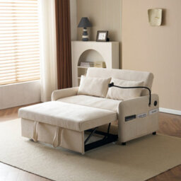 Matteo Modern 2-Seater Chenille Sofa Bed With Adjustable Backrest, Usb Charging & Phone Holder - Beige Convertible Guest Sofa - thumbnail 4