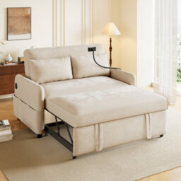 Matteo Modern 2-Seater Chenille Sofa Bed With Adjustable Backrest, Usb Charging & Phone Holder - Beige Convertible Guest Sofa - thumbnail 3