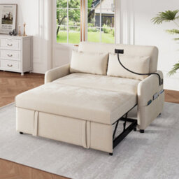 Matteo Modern 2-Seater Chenille Sofa Bed With Adjustable Backrest, Usb Charging & Phone Holder - Beige Convertible Guest Sofa - thumbnail 2