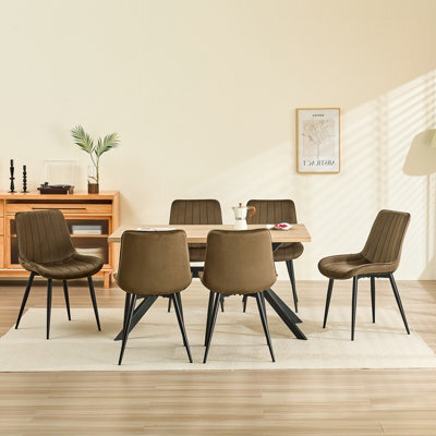 Longtoo Set Of 6 Dining Chairs With Velvet Upholstered Seat & Backrest,stable Metal Legs,modern Stripe Design,brown - image 1