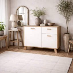 Wyld Haus Hobro Sideboard, White And Natural Oak Wood, 2 Doors 1 Drawer, Compact Modern Storage