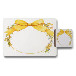 Benjamin Tate Design Designer Artwork Placemat And Coaster Set With Yellow Ribbon Motif Wood Base Limited Edition 12 Pieces