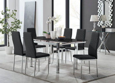 Furniturebox Enna Black Glass Extending Dining Table And 6 Black Milan Chairs - image 1