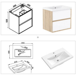 AVER-GROWTH Bathroom Vanity Unit With Wash Basin Resin Gloss White Oak 600mm 2 Drawers - thumbnail 2