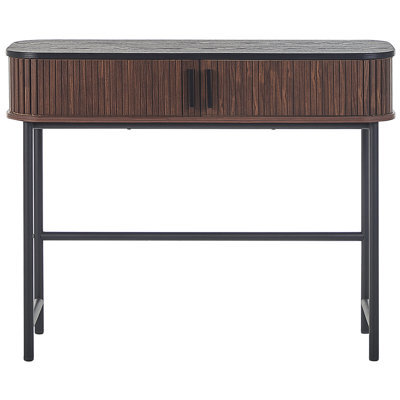 Beliani Retro Console Table 100 X 35 Cm Dark Brown With Sliding Doors And Steel Legs - image 1