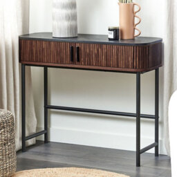 Beliani Retro Console Table 100 X 35 Cm Dark Brown With Sliding Doors And Steel Legs - thumbnail 2