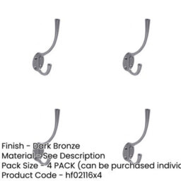 Loops 4 Pack Elegant Solid Brass Hat And Coat Hook In Dark Bronze Finish - 142mm - Wall Mounted Clothing Hook - thumbnail 2