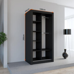Fhi Lexiss 100Cm Black Modern Sliding Door Wardrobe Bedroom Storage With Shelves & Hanging Rail - thumbnail 2