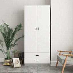 Urbnliving 180Cm Tall Wooden 2 Door Wardrobe Grey Carcass And White Drawers With 2 Drawers Bedroom Storage Hanging Bar Clothes - thumbnail 3