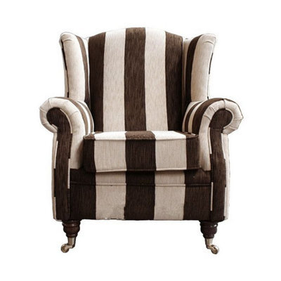 Wing Chair Handmade Fireside High Back Armchair Harrison Stripe Brown Real Fabric - image 1