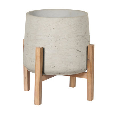 Primrose Textured Concrete Round Garden Planter With Wooden Stand In Cream 30Cm - image 1