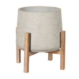Primrose Textured Concrete Round Garden Planter With Wooden Stand In Cream 30Cm