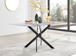 Furniturebox Uk Leonardo 6-Seater Dining Table With White Glass Marble Effect Top And Black Legs