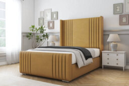 "Sloomy Camden Mustard Plush Bed Frame With 50""  Upholstered Wingback Headboard 3' Single" - thumbnail 2