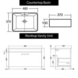 Royal Bathrooms Turin 800mm Grey Elm 1-Drawer Wall Hung Unit & 370mm Square Countertop Basin - thumbnail 6