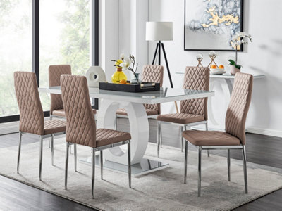 Furniturebox Giovani Rectangular 6 Seat White High Gloss Unique Halo Dining Table Grey Glass Top 6 Beige Faux Leather Silver Leg Milan Chairs - image 1