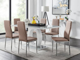 Furniturebox Giovani Rectangular 6 Seat White High Gloss Unique Halo Dining Table Grey Glass Top 6 Beige Faux Leather Silver Leg Milan Chairs