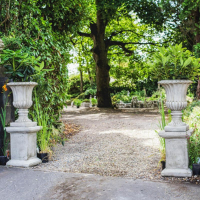 Dgs Statues Pair Of Large Stone Cast Flute Urns And Classic Plinths - image 1