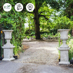 Dgs Statues Pair Of Large Stone Cast Flute Urns And Classic Plinths - thumbnail 3