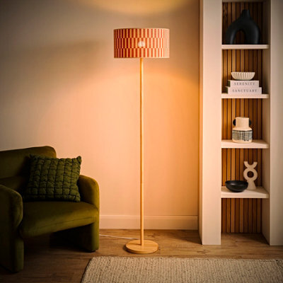 Valuelights Heather Light Wood Floor Lamp With Orange Checkerboard Bamboo Shade And Bulb - image 1