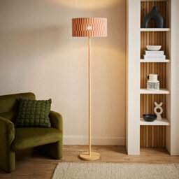 Valuelights Heather Light Wood Floor Lamp With Orange Checkerboard Bamboo Shade And Bulb - thumbnail 2