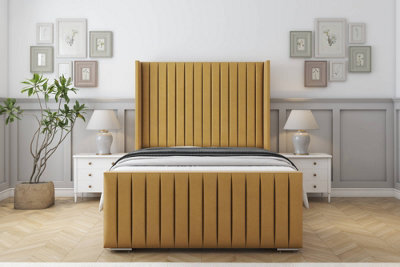 "Sloomy Marlborough Mustard Plush Bed Frame With 50"" Upholstered Wingback Headboard 4'6 Double" - image 1