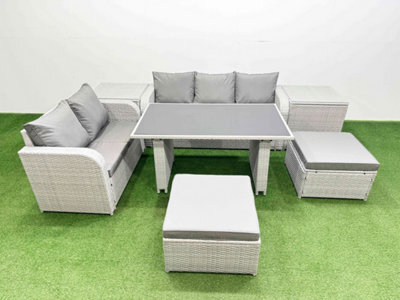 Fimous Garden Furniture Set Pe Ratten Garden Sofa Set With Rectangular Dining Table 2 Big Stool 2 Side Tables Light Grey - image 1