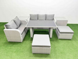 Fimous Garden Furniture Set Pe Ratten Garden Sofa Set With Rectangular Dining Table 2 Big Stool 2 Side Tables Light Grey - thumbnail 2