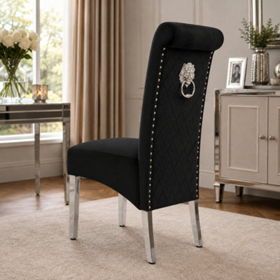 Stratus Interiors Emma Tall Lion Knocker Velvet Dining Chair - Chrome Legs - Button Stud Detailing - Black Crush Velvet - 1 Piece - image 1