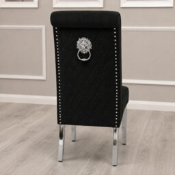 Stratus Interiors Emma Tall Lion Knocker Velvet Dining Chair - Chrome Legs - Button Stud Detailing - Black Crush Velvet - 1 Piece - thumbnail 2