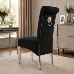Stratus Interiors Emma Tall Lion Knocker Velvet Dining Chair - Chrome Legs - Button Stud Detailing - Black Crush Velvet - 1 Piece