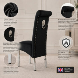 Stratus Interiors Emma Tall Lion Knocker Velvet Dining Chair - Chrome Legs - Button Stud Detailing - Black Crush Velvet - 1 Piece - thumbnail 4