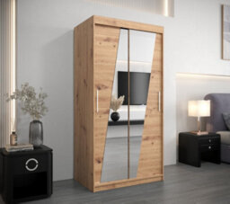 Arte Rhomb Contemporary Mirrored 2 Sliding Door Wardrobe 5 Shelves 2 Rails Oak Artisan Effect (H)2000mm (W)1000mm (D)620mm - thumbnail 2