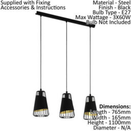 Stylish Black And Gold Hanging Pendant Light For Kitchen Island - 3 X 60W E27 - thumbnail 2
