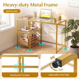 Gainoom Tempered Glass Computer Desk Golden Modern Office Desk With Storage Shelves - thumbnail 7