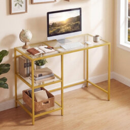 Gainoom Tempered Glass Computer Desk Golden Modern Office Desk With Storage Shelves - thumbnail 6