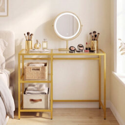 Gainoom Tempered Glass Computer Desk Golden Modern Office Desk With Storage Shelves - thumbnail 3