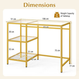 Gainoom Tempered Glass Computer Desk Golden Modern Office Desk With Storage Shelves - thumbnail 2