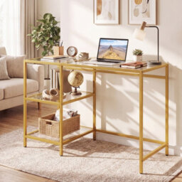 Gainoom Tempered Glass Computer Desk Golden Modern Office Desk With Storage Shelves - thumbnail 5